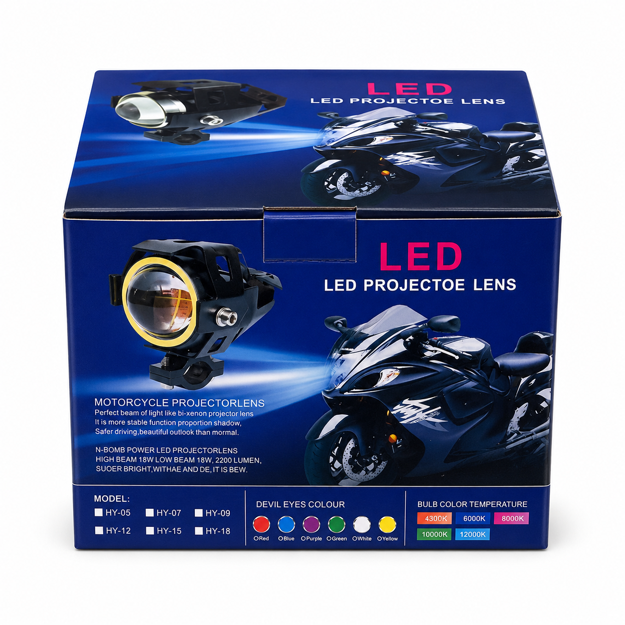 پروژکتور LED لنزدار موتورسیکلت Royal دی لایت دار با نور زرد و سفید